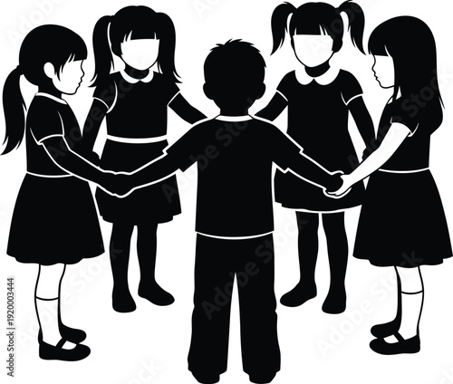 a simple black and white illustration depicts a group of children holding hands in a circle symbolizing unity and togetherness