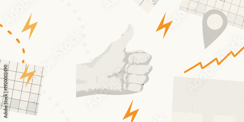 Abstract illustration featuring a thumbs up lightning bolts and a location pin