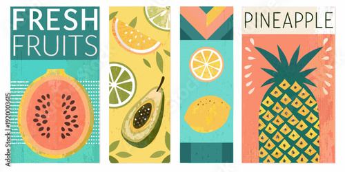 Colorful illustration of various fresh fruits including pineapple papaya and avocado