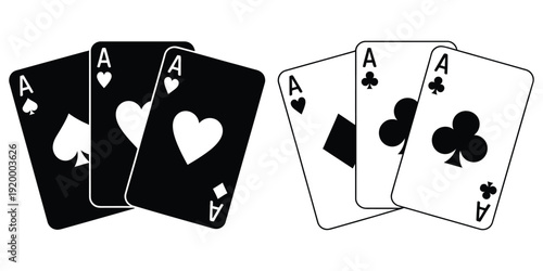 Set of Playing Card Vector Icons, Gambling Game Collection with Four Cards in Black Outline Style for Casino and Poker Design