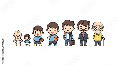 Cartoon illustration of a man from infancy to old age, depicting various life stages and growth.