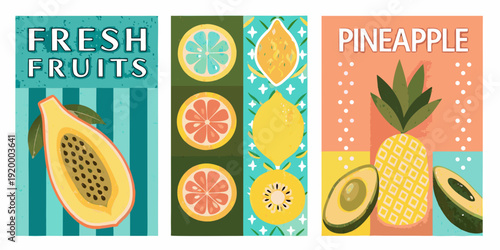 Colorful tropical fruit banners featuring papaya citrus pineapple and avocado