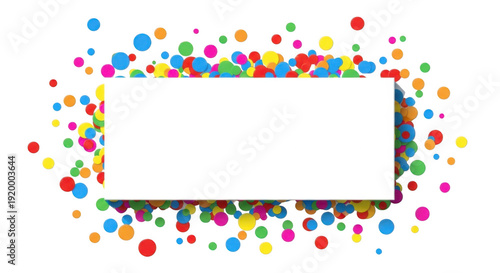 Bright polka dots and confetti surround a blank frame for text