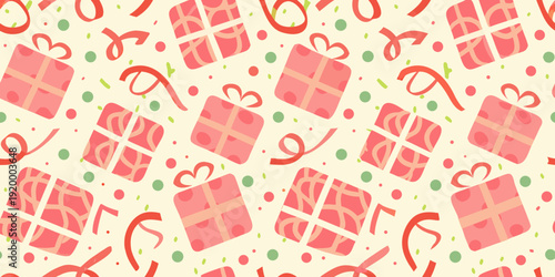 Seamless pattern featuring pink gift boxes hearts and confetti
