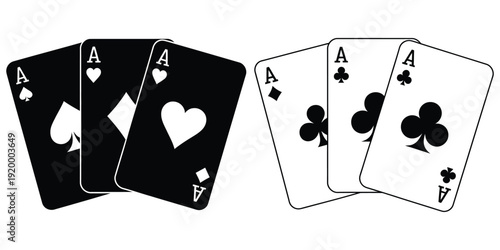 Set of Playing Card Vector Icons, Gambling Game Collection with Four Cards in Black Outline Style for Casino and Poker Design