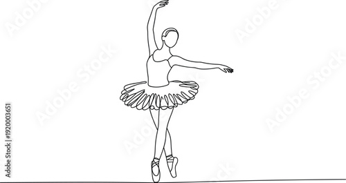 Graceful ballerina line drawing illustration, elegant ballet dancer in tutu performing isolated minimalist black outline art
