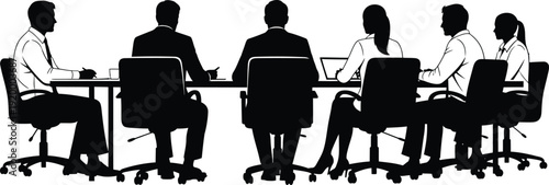 a silhouette of a business meeting with seven individuals seated around a large conference table discussing strategy and collaboration high quality