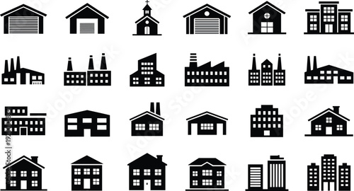 House and factory building icon collection in solid style, residential and industrial architecture symbols set, black vector silhouettes
