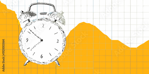 An antique alarm clock sits before a rising graph illustration