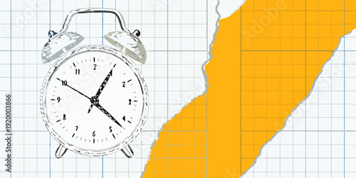 An alarm clock illustration with a torn yellow paper background