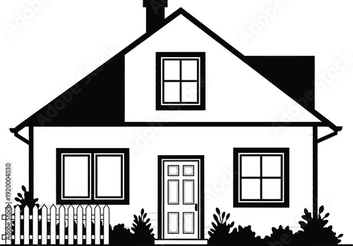 a simple black and white illustration depicts a classic gabled house with a front door windows and a small picket fence in front