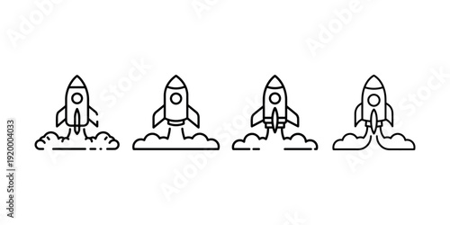 Rocket launch icons set vector illustration with smoke and fire effects for space exploration