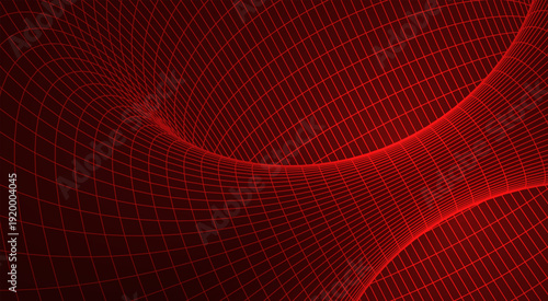 Abstract vector background with red wireframe mesh tunnel. Futuristic 3d grid landscape representing digital space, data flow, wormhole or cyber technology.