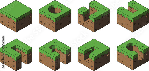 Isometric grass dirt voxel blocks with geometric cut shapes, cubic game terrain elements, pixel style 3D illustration set collection