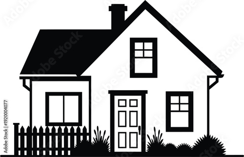 a simple black and white illustration of a classic gable roof house with a small front yard and picket fence