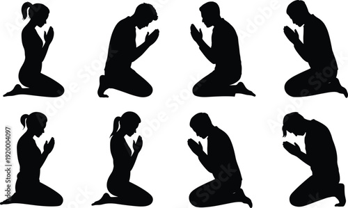 Kneeling praying people silhouettes collection in different poses, man and woman worship set, black vector illustration
