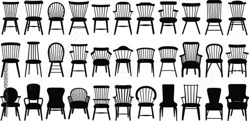 Large collection of wooden chair silhouettes illustration, vintage and modern seating furniture set isolated on white background
