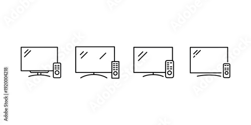 Set of four flat outline icon vectors representing televisions with remotes in various styles and designs including modern minimalist aesthetic