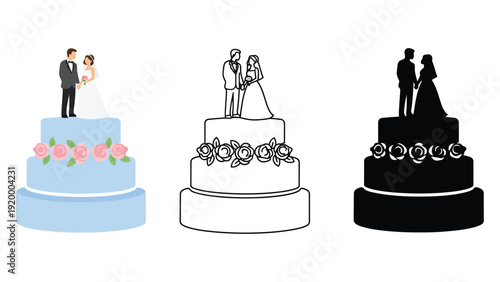 Wedding cake vector illustrations with bride and groom in various styles