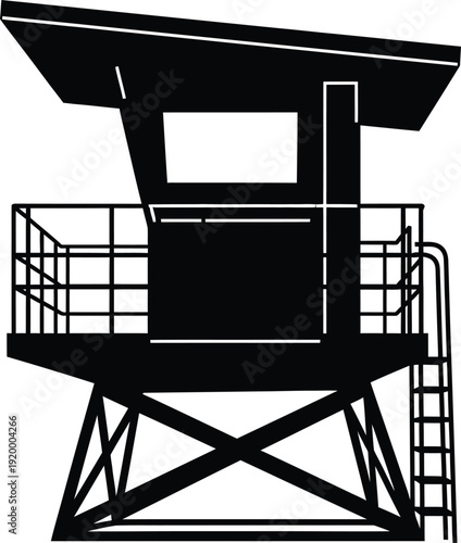 a minimalistic black and white illustration of a lifeguard station depicted in a stark geometric style suggesting coastal safety and vigilance