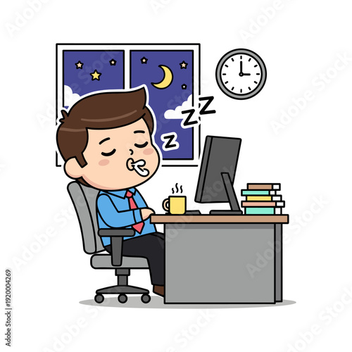 Cartoon illustration of a man dozing off at his office desk, with a cup of coffee and computer nearby.