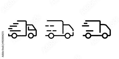 Three flat outline icon vectors of delivery trucks moving with speed lines indicating fast shipping and logistics services transportation