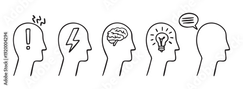 Minimalistic heads, hand drawn symbol set brain bulb mind, intelligent, sketch avatar idea cognitive, learning vector icon