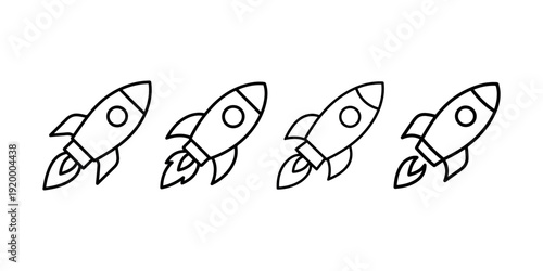 Four rockets taking off with flames in simple outline illustrations, black and white set for concepts of startup, launch, and progress