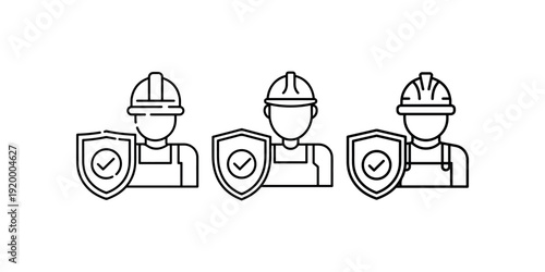 Construction worker with a safety shield and check mark, symbolizing worker protection and safety in a line art style
