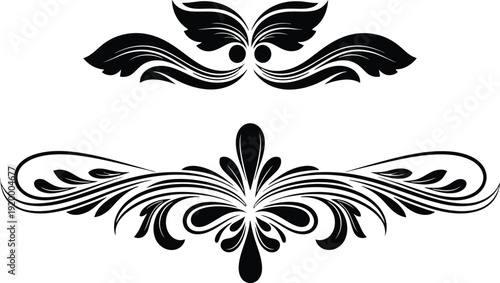 ornate black swirling floral designs on white background