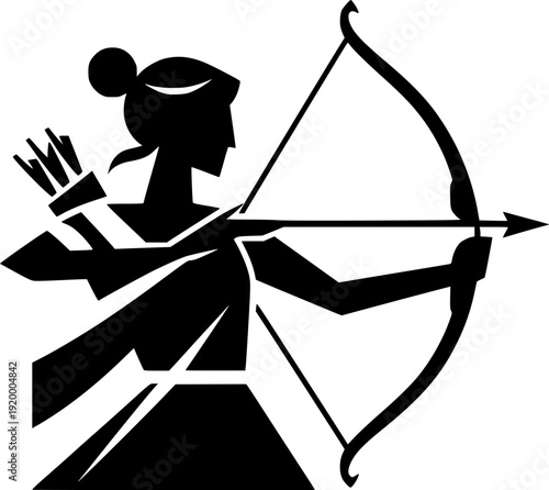 Flat vector art of Artemis in black and white monochrome style. Ideal for mythology education, posters, books, logos, presentations, and classical design projects..