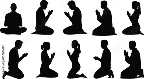 People praying silhouette collection illustration, men and women kneeling in worship isolated on white background