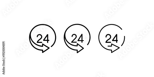 Three 24-hour service vector icons, each featuring number 24 encircled by an arrow, symbolizing continuous availability and round-the-clock support