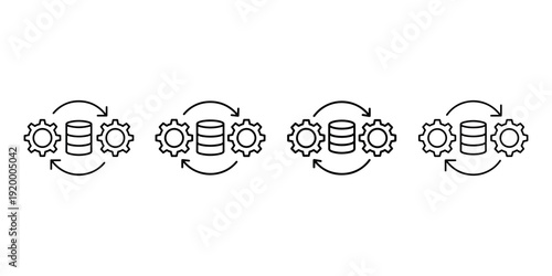 Gears and database icon with circular arrows indicating data processing system synchronization and workflow automation concept