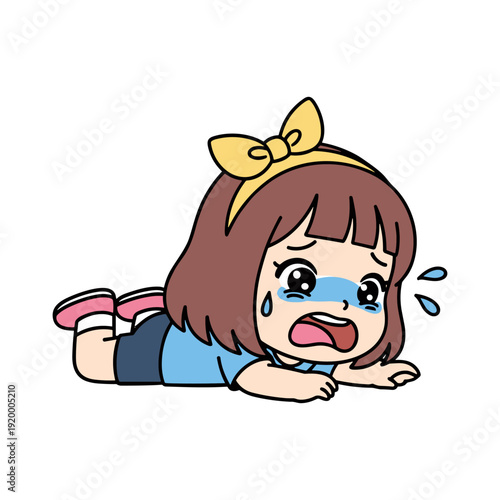 A cartoon illustration of a young girl lying on the ground, looking tired and exhausted with sweat drops around her face.