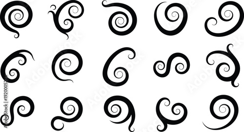 set of black swirly decorative curls and swirls on white background