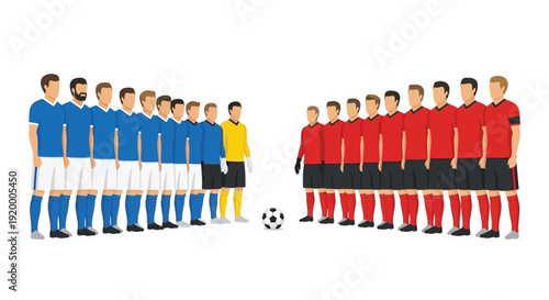 Two opposing soccer teams in blue and red uniforms standing on a field with a ball, ready for a match.