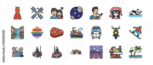 Vibrant cartoon icons of people, food, travel, and hobbies