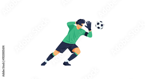 Soccer goalkeeper in green jersey and black shorts diving to catch a football on a white background, dynamic action shot.