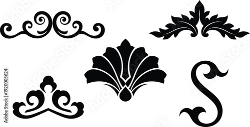 set of ornate black swirling designs and flourishes on white background