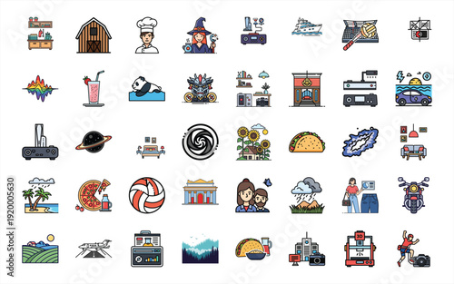 Modern flat design icon set featuring lifestyle and technology elements