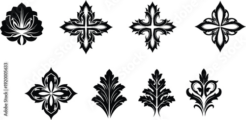 Set of ornate floral designs and crosses in black and white