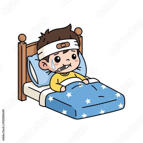 Cartoon illustration of a boy with fever, lying in bed with a bandage on his forehead, looking unwell and sad.