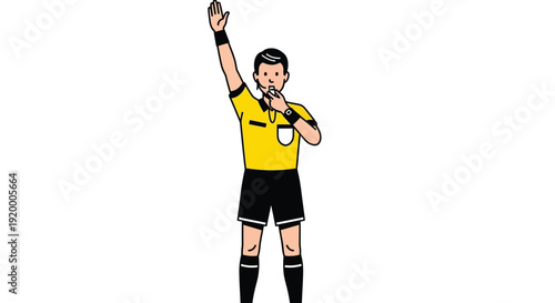 Cartoon illustration of a male referee in a yellow shirt blowing a whistle and raising his hand, signaling a call during a game.