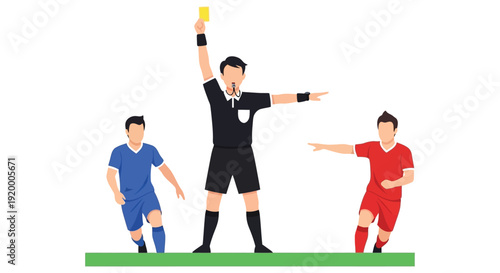 Soccer referee showing a yellow card to a player during a match, with another player nearby on a green field, indicating a foul.