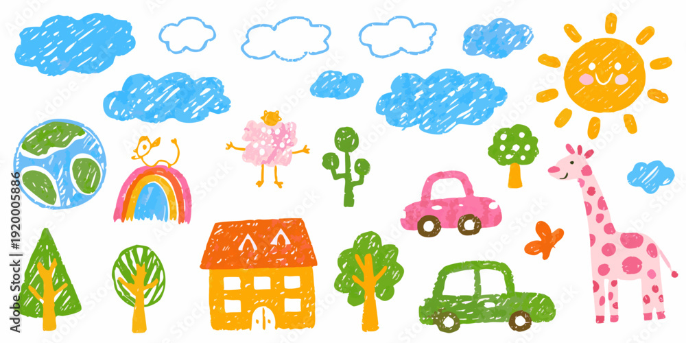 Fototapeta premium A child s crayon drawing featuring a sun clouds and playful elements