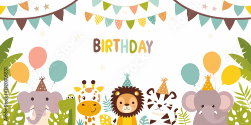 A colorful birthday celebration with animals and festive decorations