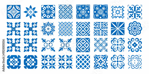 Collection of intricate blue and white decorative tile patterns displayed