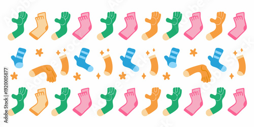 Colorful socks and stars arranged in horizontal rows on white background