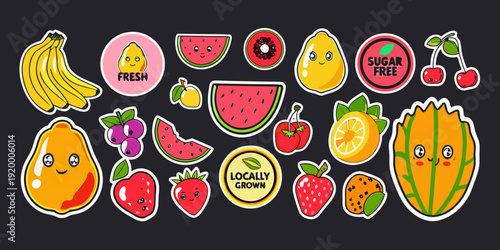 Colorful cartoon stickers featuring various smiling fruits and fruit slices